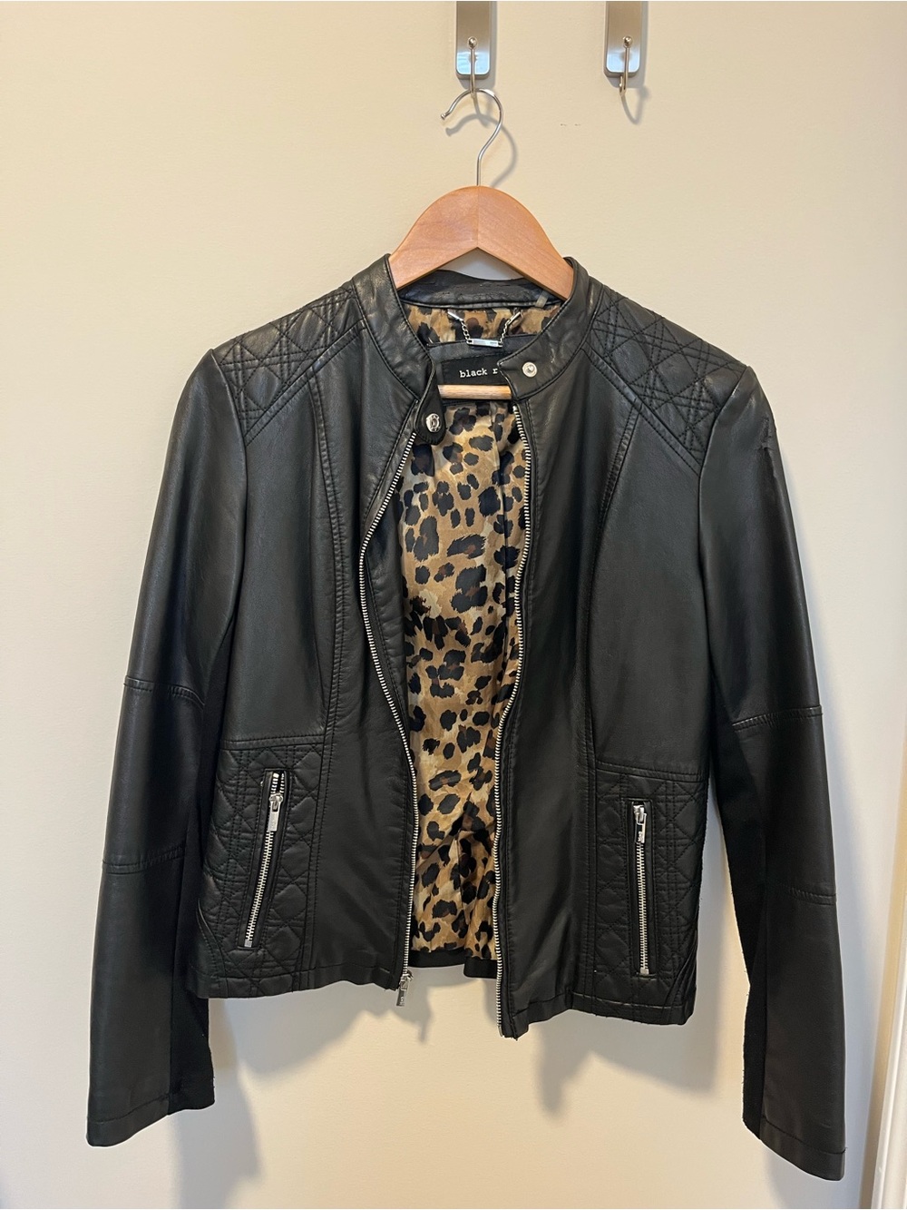 Black Rivet Women's Black Leather Moto Jacket with Leopard Lining